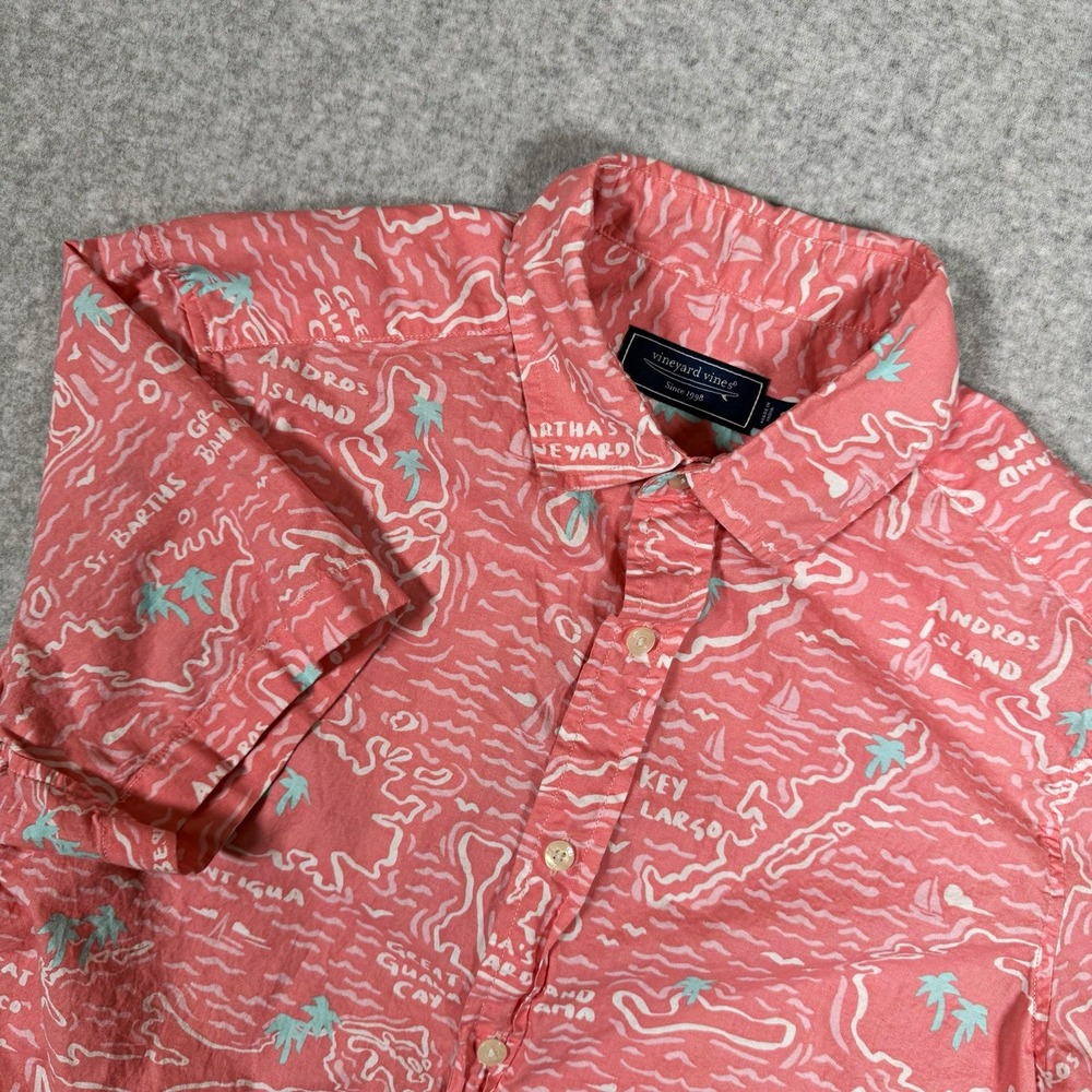 Vineyard Vines Mens S Pink Island Map Graphic Woven Cotton SS Button Up Shirt